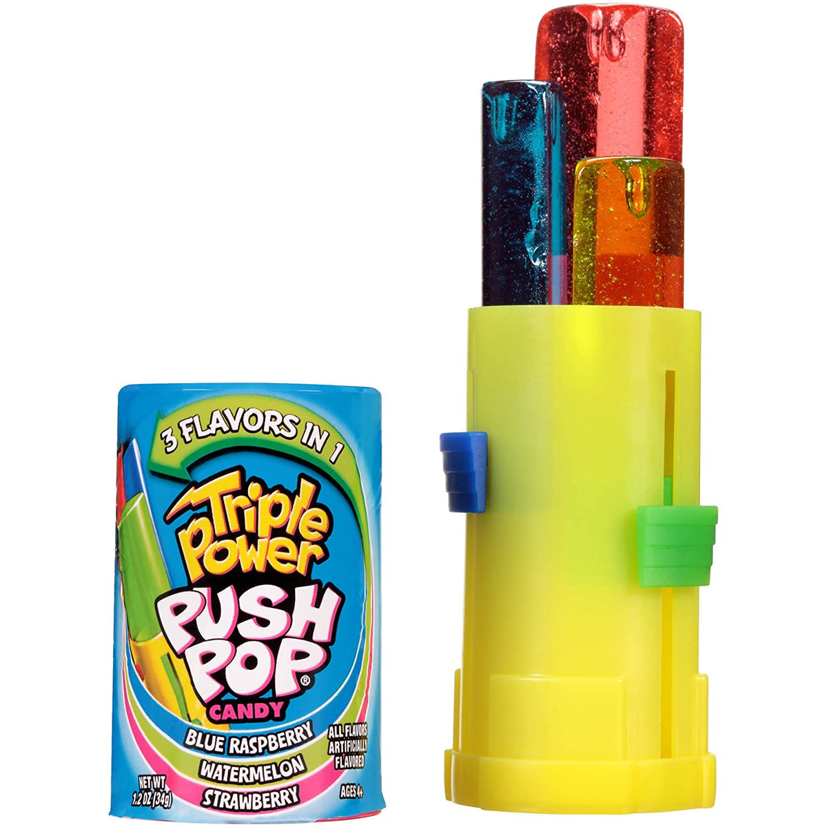 Bazooka Triple Push Pop Lolli 34 g mit drei Geschmacksrichtungen – Detailansicht