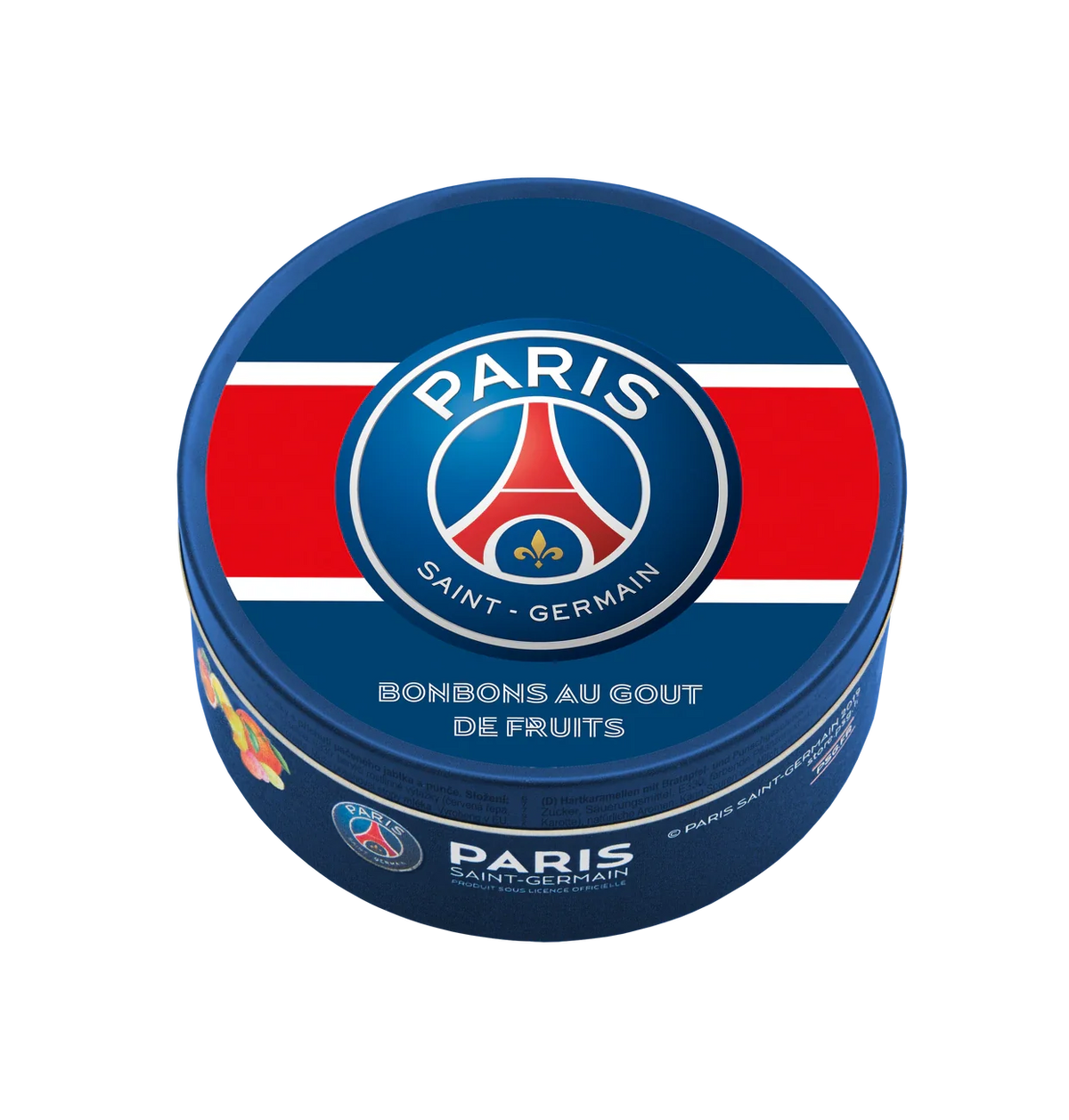 PSG Paris Saint Germain Bonbons mit Früchtemixgeschmack 200g Metalldose – Produktansicht