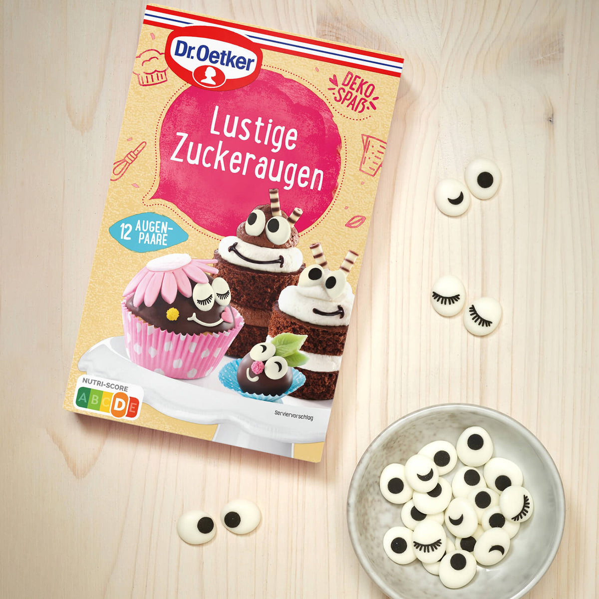 Dr Oetker Zuckeraugen 12 Paare Glasurosen für 12 Muffins 175g – Verpackung
