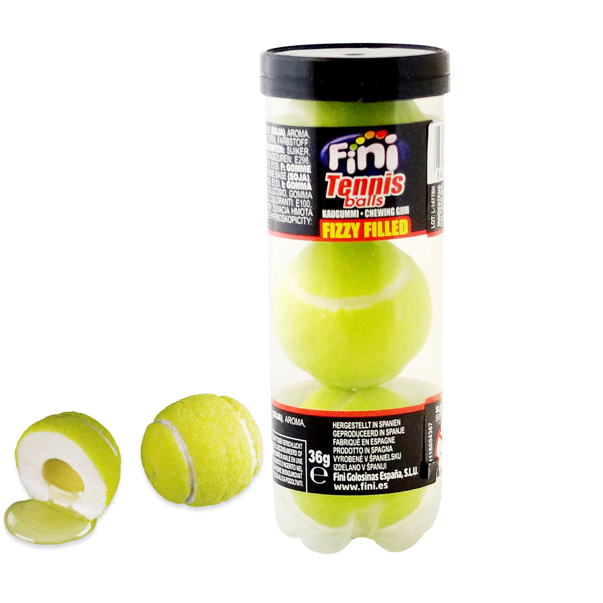Fini Tennis Balls Fizzy Kaugummi mit flüssiger Zitrone-Limette-Füllung 3 Stück – Produktansicht