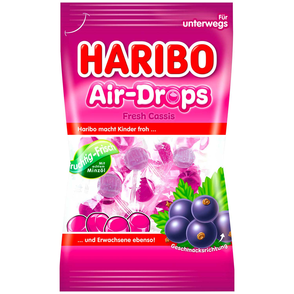 Haribo Air-Drops Fresh Cassis Kaubonbon schwarz 100g – Produktansicht