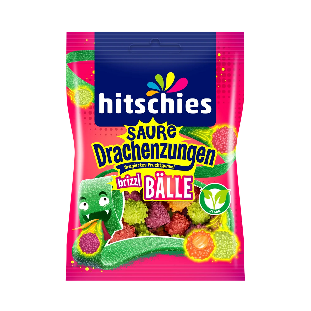Hitschies Saure Drachenzungen Brizzl Bälle Fruchtgummi 100g – Produktansicht
