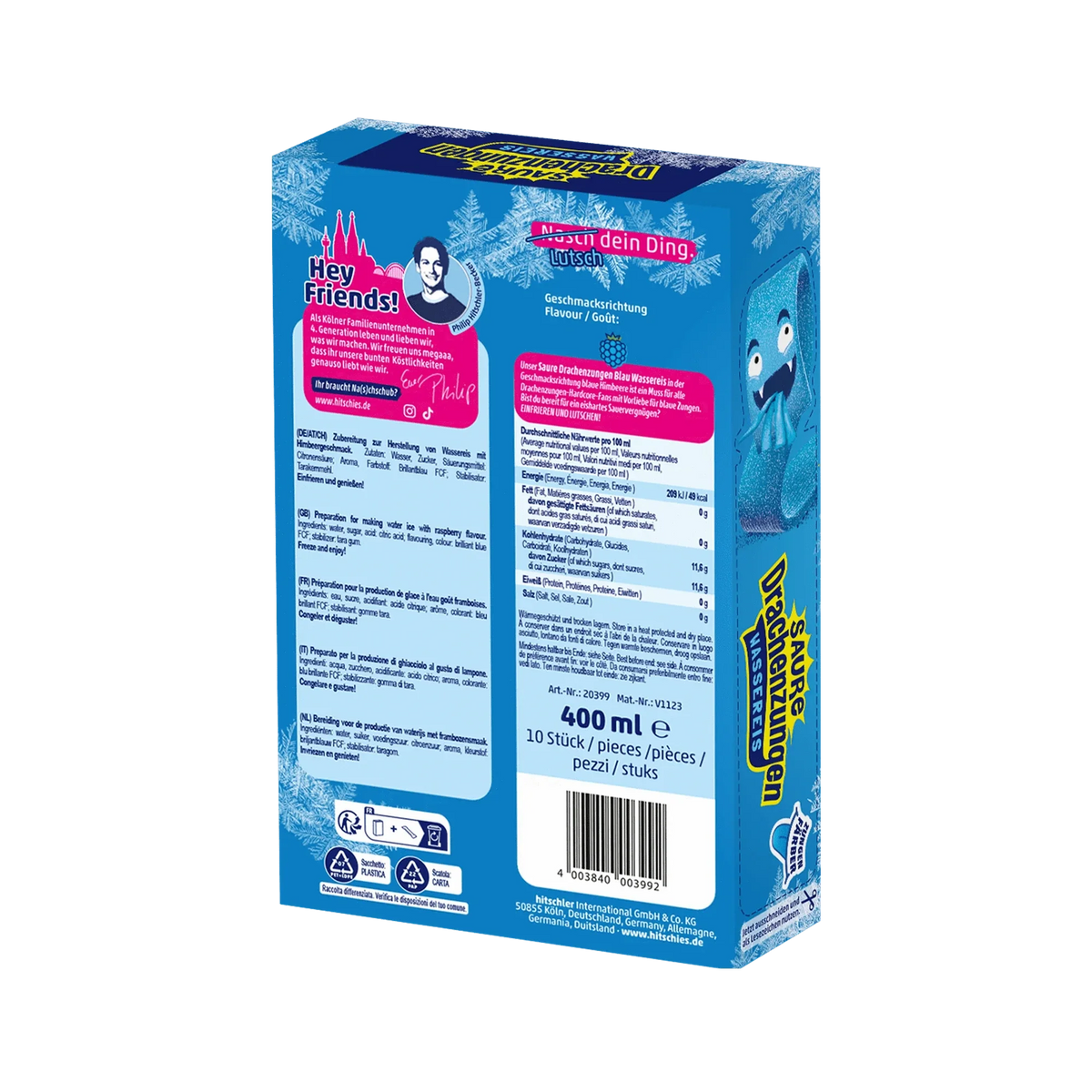 hitschies Saure Drachenzungen Blue Edition Wassereis 10x40ml Packung – Rückansicht