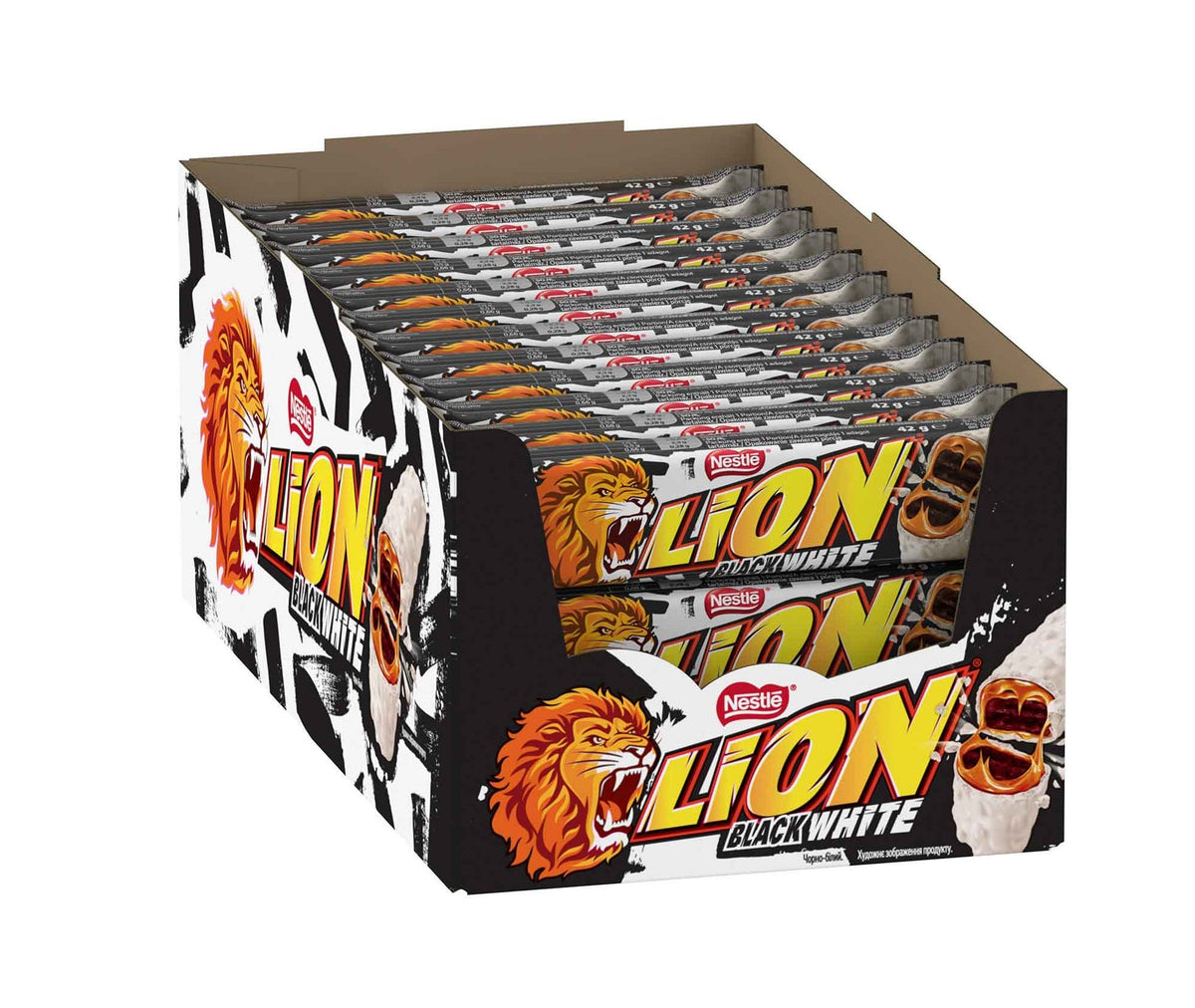 Lion Black & White Riegel aus Kakaowaffeln 24x42g Packung – Produktansicht