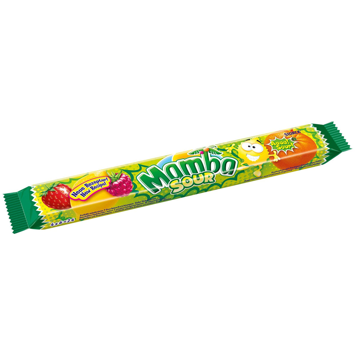 Mamba Sour Kaubonbons 24er Pack mit Erdbeer, Himbeer, Zitrone und Orange Geschmack – Produktansicht