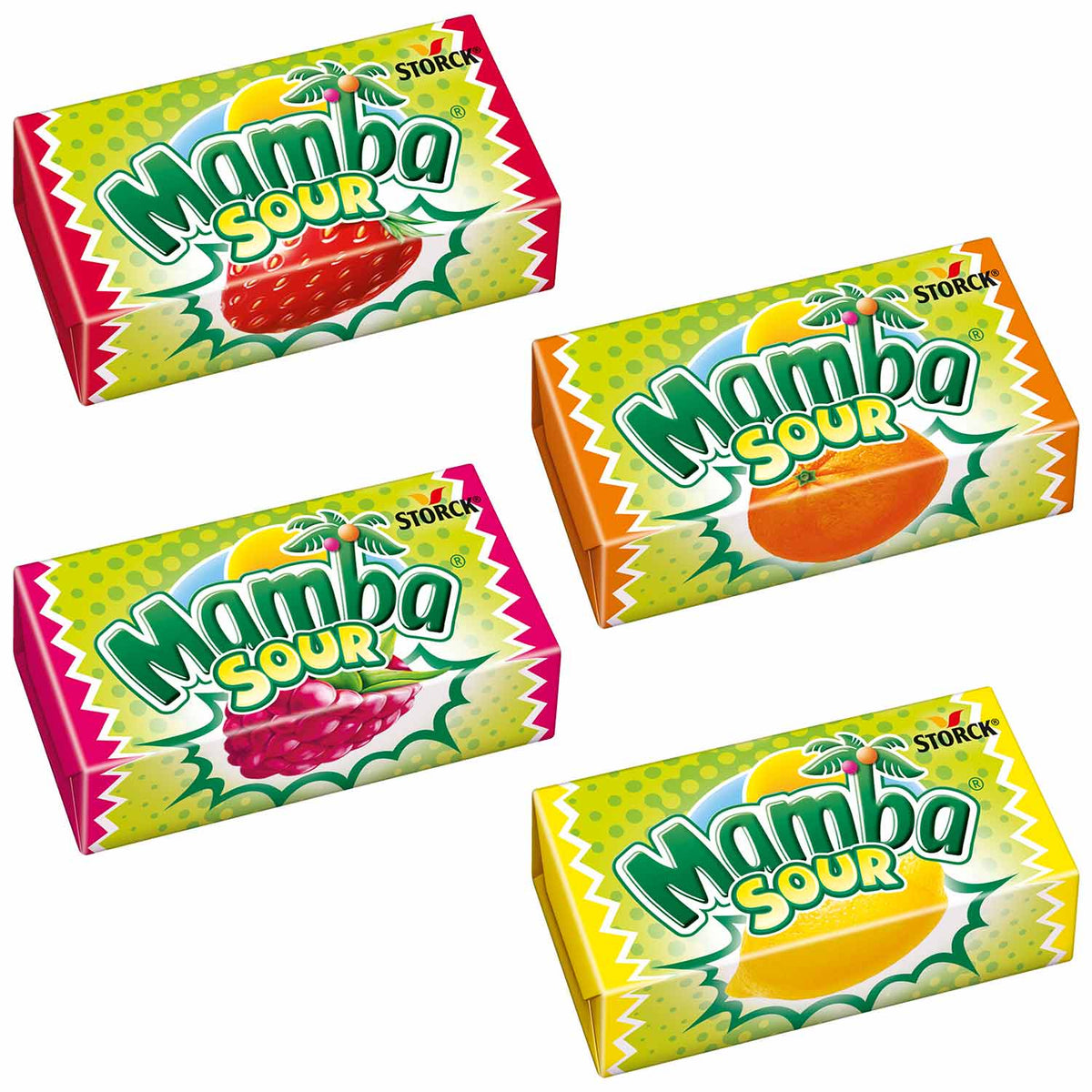 Mamba Sour Kaubonbons 24er Pack mit Erdbeer, Himbeer, Zitrone und Orange Geschmack – Detailansicht