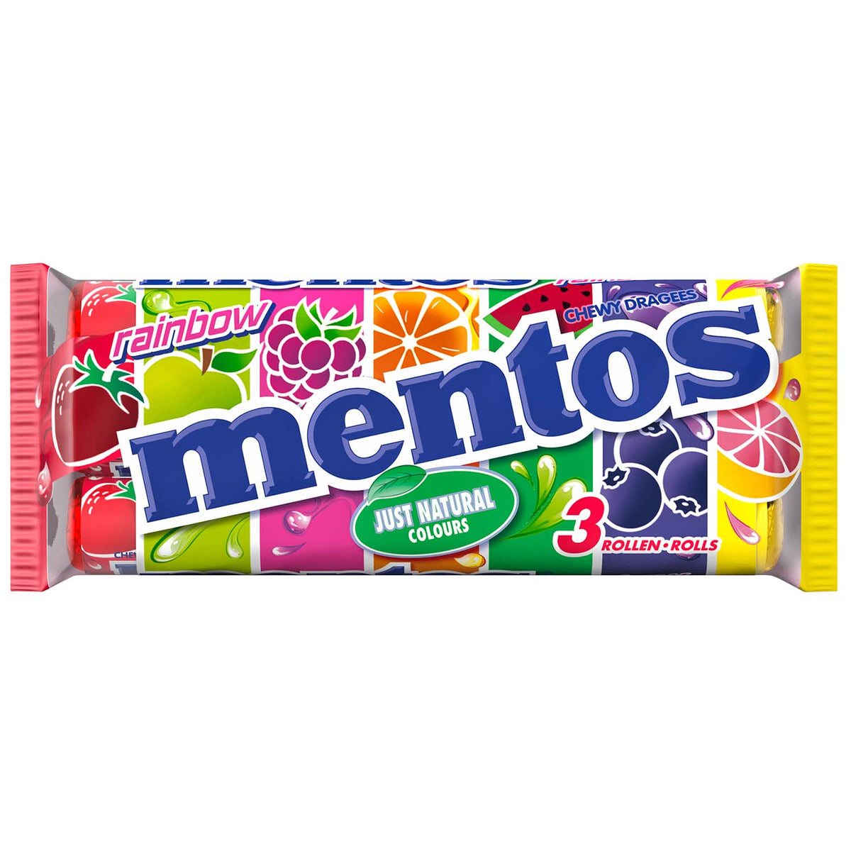 Mentos Rainbow Multipack mit 3 Rollen à 37,5g fruchtige Kaudragees – Detailansicht