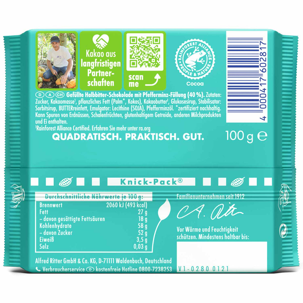 Ritter Sport Pfefferminz Dunkle Halbbitter-Schokolade 100g – Detailansicht