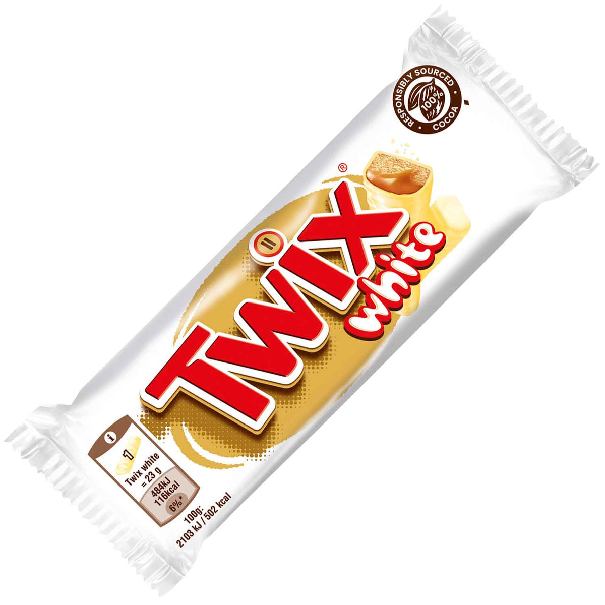 Twix White Riegel 32 x 46g Packung mit weisser Schokolade – Detailansicht