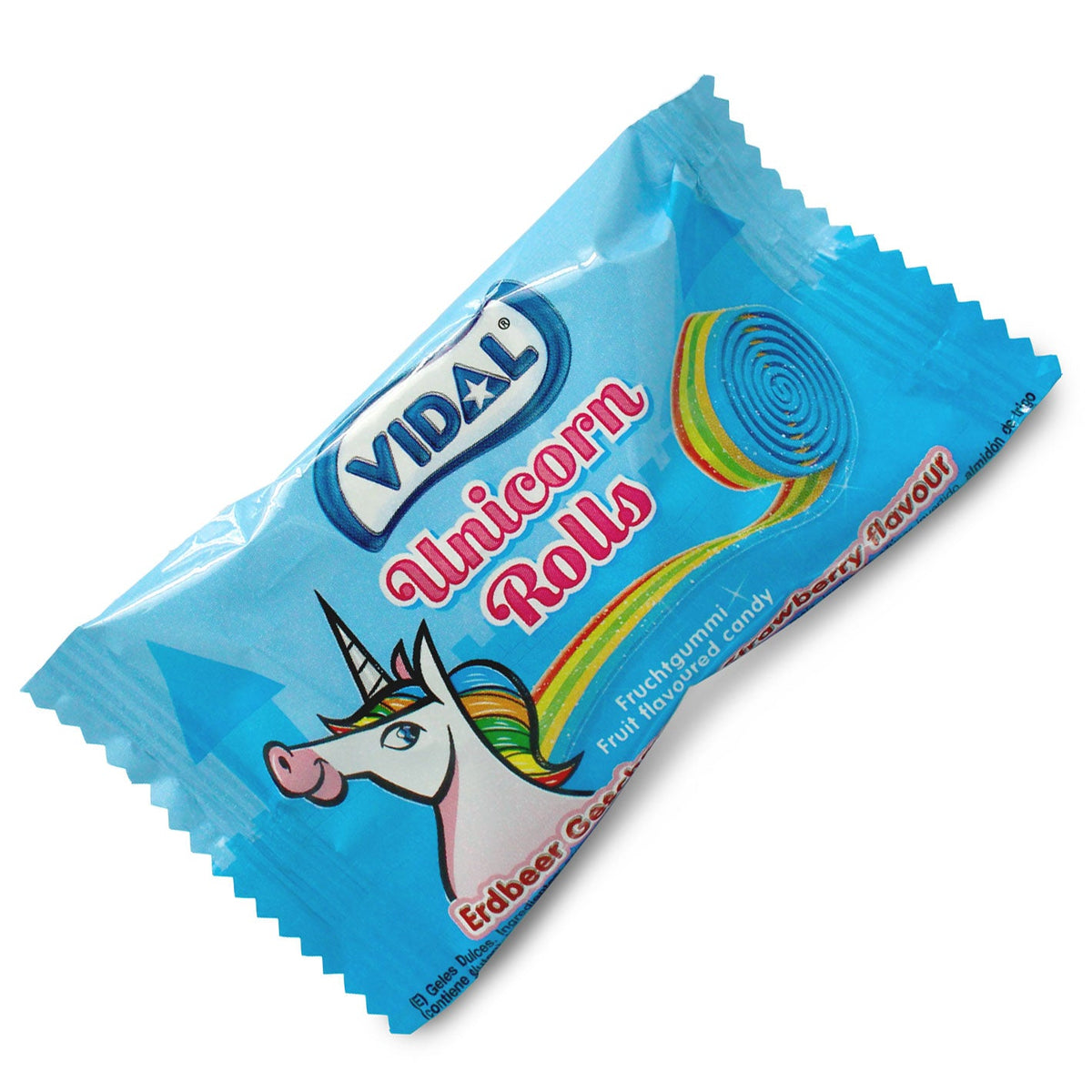 Vidal Unicorn Rolls Fruchtgummi Rolle Erdbeer 24x19g im Thekendisplay – Rückansicht