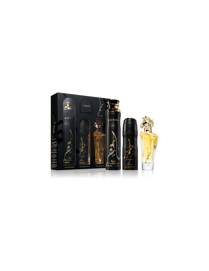 Lattafa Maahir Eau de Parfum Set mit Deodorant und Raumduft