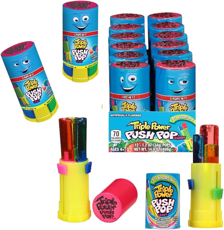 Bazooka Triple Push Pop Lolli 34 g mit drei Geschmacksrichtungen – Rückansicht