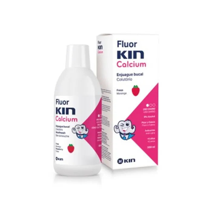 KIN Fluorkin Kalzium Mundwasser Erdbeergeschmack 500 ml Flasche