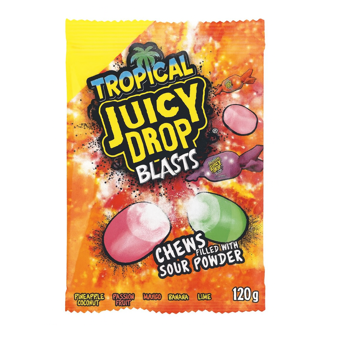 Bazooka Tropical Juicy Drop Blasts 120g Kaubonbon mit flüssigem tropischem Fruchtsaftkern – Produktansicht