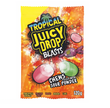 Bazooka Tropical Juicy Drop Blasts 120g Kaubonbon mit flüssigem tropischem Fruchtsaftkern – Produktansicht