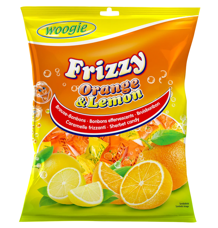 Woogie Bonbons Frizzy Orange & Lemon 170g mit spritziger Brausefüllung – Produktansicht