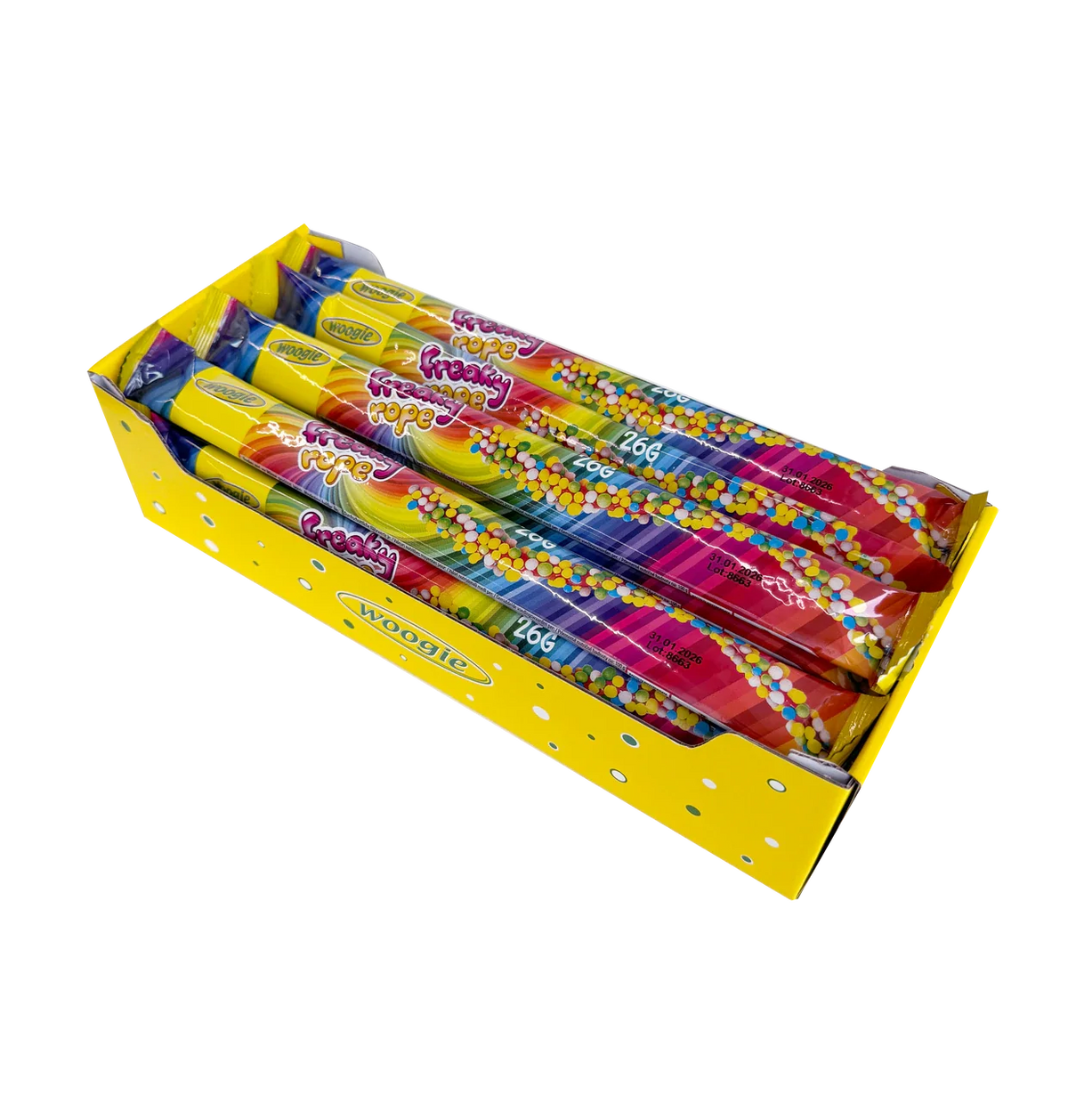 Woogie Freaky Rope 26g Fruchtgummi Schlange mit Erdbeergeschmack und Zuckerperlen – Detailansicht