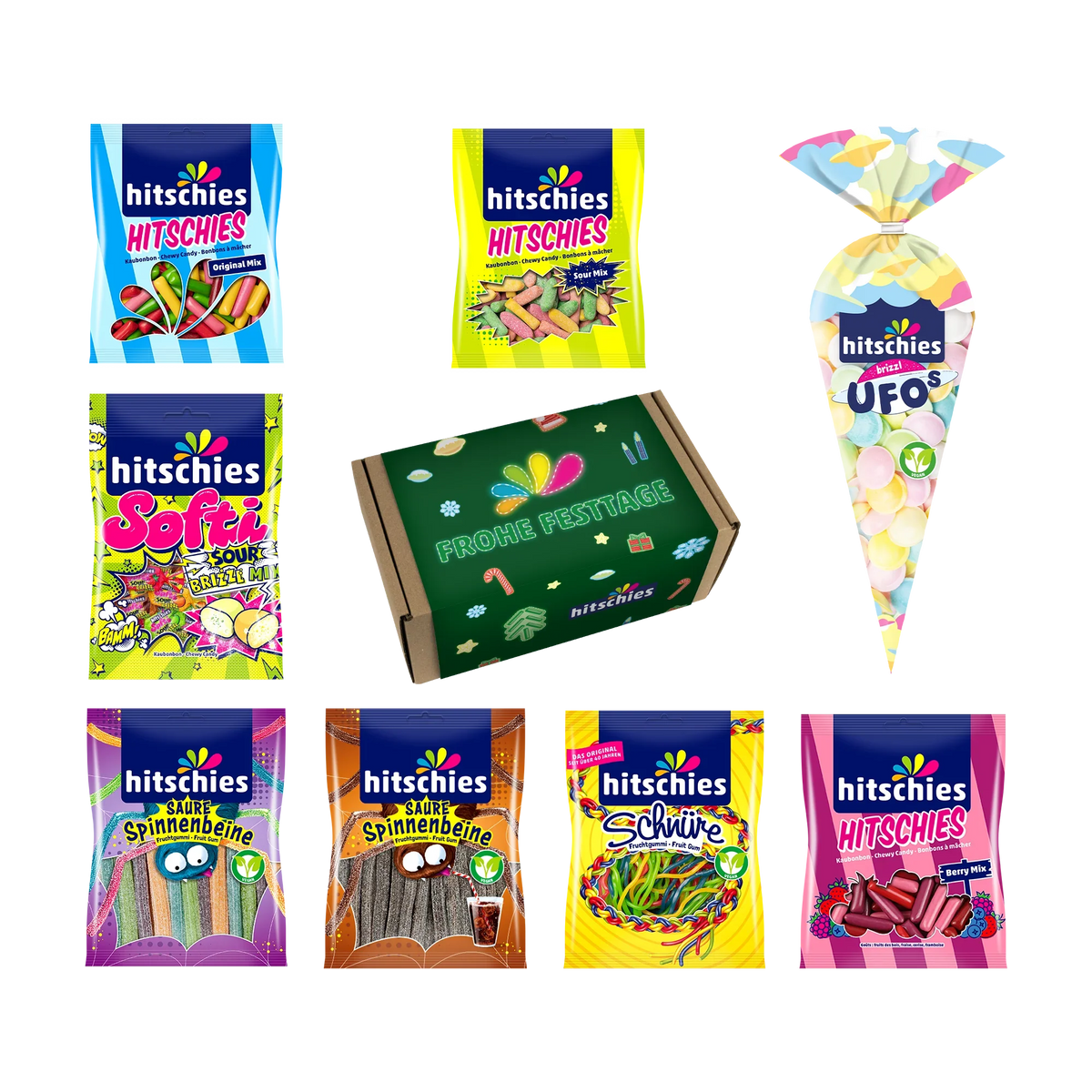 Hitschies Frohe Festtage Box 1080g Kaubonbon Geschenkbox – Seitenansicht