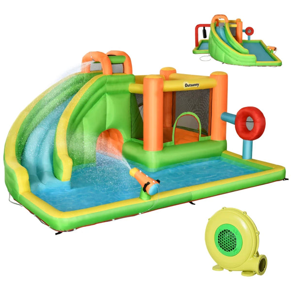 Outsunny Aufblasbare Hüpfburg mit Rutsche, Hüpfecke, 2 Wasserbecken, Boxsack, 478 x 440 x 210cm
