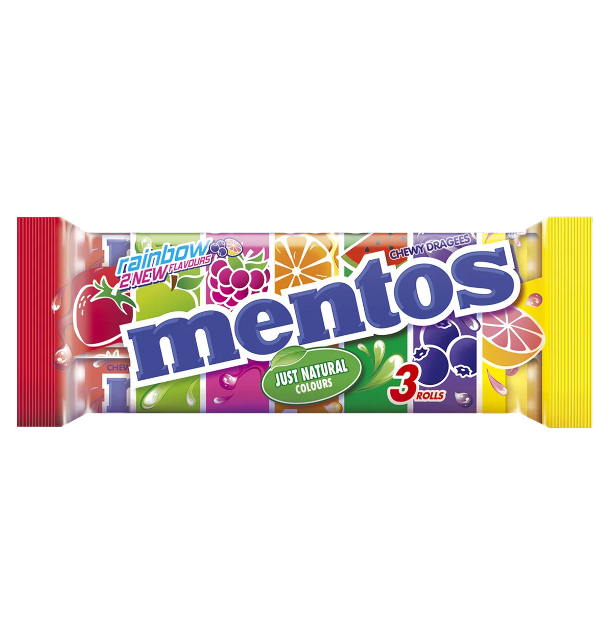 Mentos Rainbow Multipack mit 3 Rollen à 37,5g fruchtige Kaudragees – Produktansicht