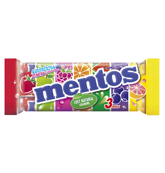 Mentos Rainbow Multipack mit 3 Rollen à 37,5g fruchtige Kaudragees – Produktansicht