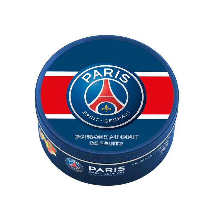 PSG Paris Saint Germain Bonbons mit Früchtemixgeschmack 200g Metalldose – Produktansicht