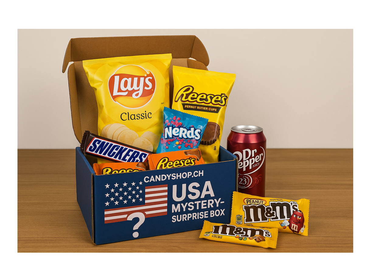 Candyshop.ch USA Mystery Monats Überraschungsbox 175g Überraschungssnacks – Seitenansicht