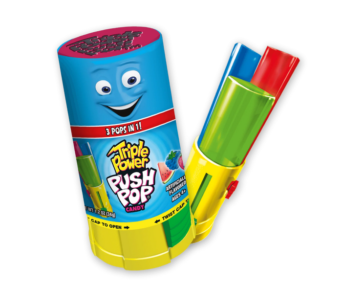 Bazooka Triple Push Pop Lolli 34 g mit drei Geschmacksrichtungen – Produktansicht