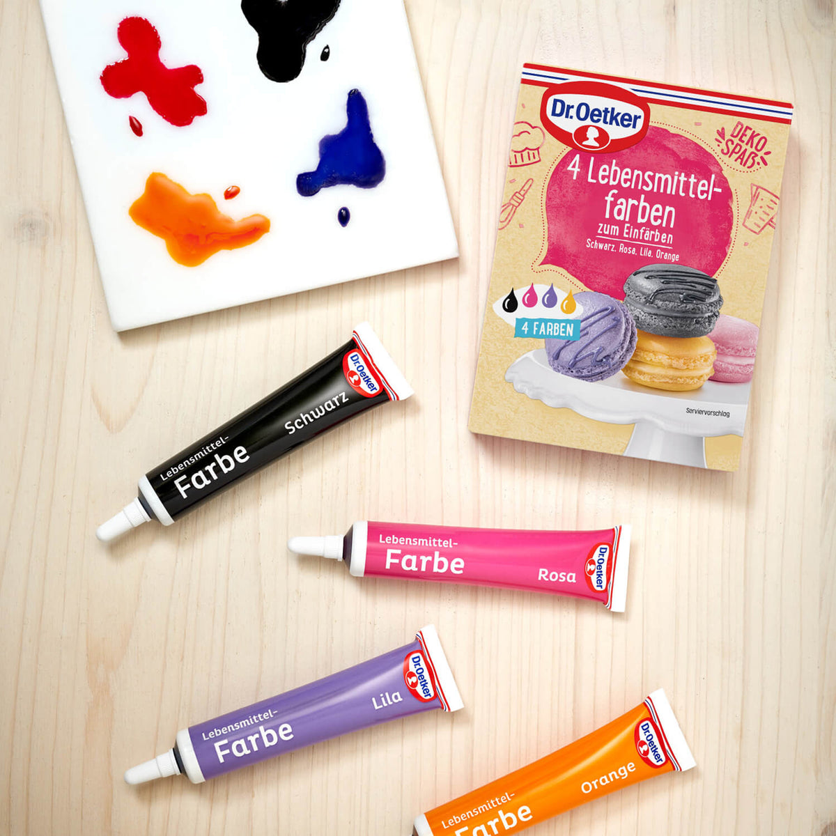 Dr Oetker Dr. Oetker 4 Lebensmittelfarben Schwarz Rosa Lila Orange 175g – Detailansicht