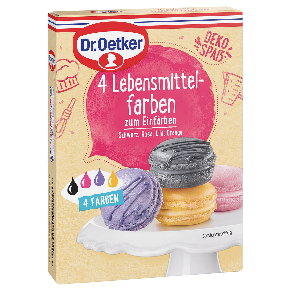 Dr Oetker Dr. Oetker 4 Lebensmittelfarben Schwarz Rosa Lila Orange 175g – Produktansicht