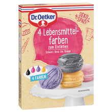 Dr Oetker Dr. Oetker 4 Lebensmittelfarben Schwarz Rosa Lila Orange 175g – Produktansicht