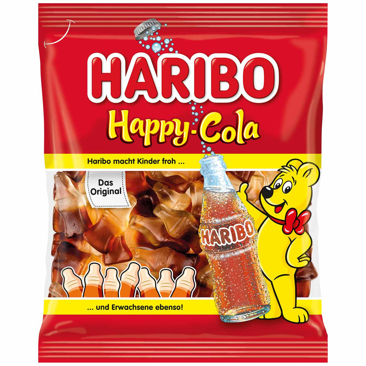 Haribo Happy-Cola Fruchtgummi 175g braune und farblose Cola-Flaschen