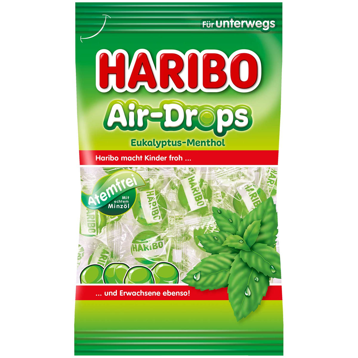 Haribo Air-Drops Eukalyptus-Menthol Kaubonbon 100g Beutel – Produktansicht