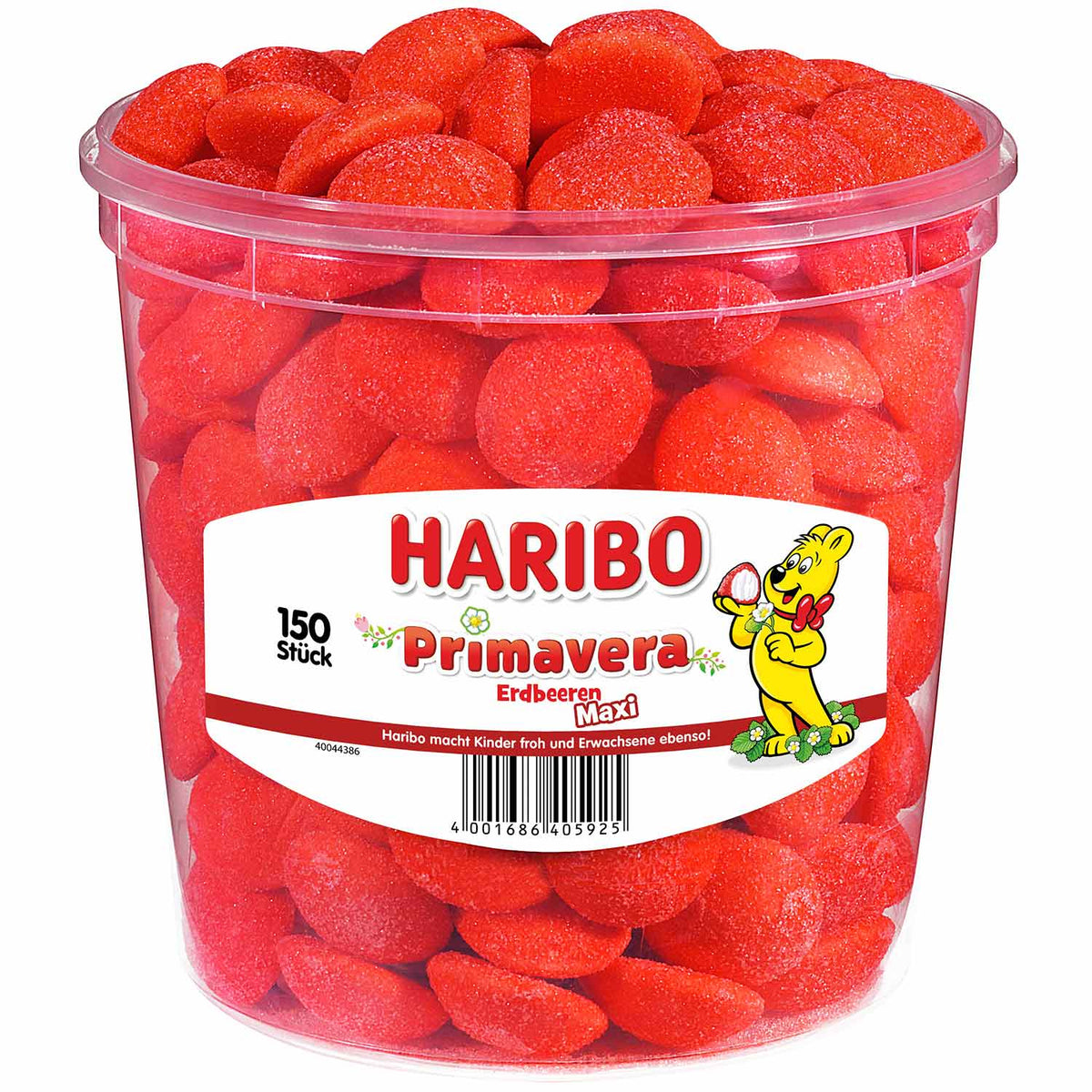 Haribo Primavera Erdbeeren Maxi Schaumzucker Snack Rot 1050g Dose – Produktansicht