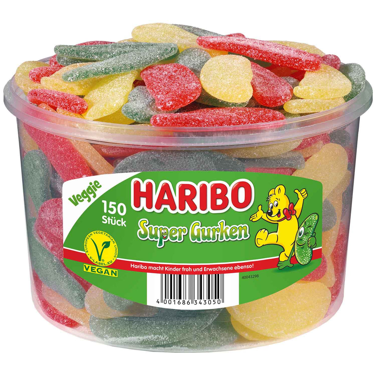 Haribo Super Gurken Vegan Saure Fruchtgummi-Gurken im 1350g Beutel – Produktansicht