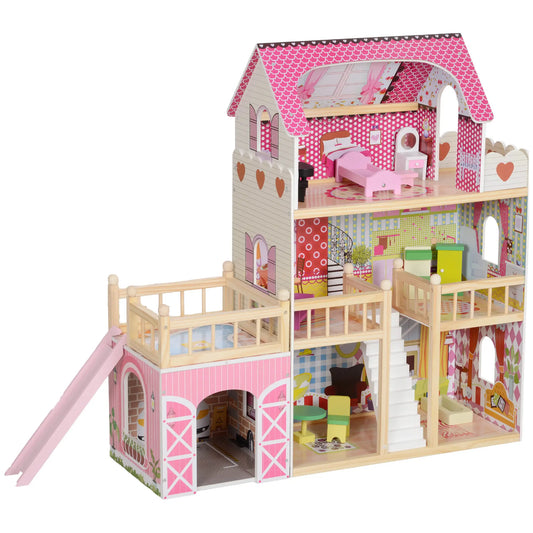 Puppenhaus, 3 Etagen, 13 Möbelstücke, Garage, Rutschen & Balkon, 114 x 32 x 92 cm, Rosa