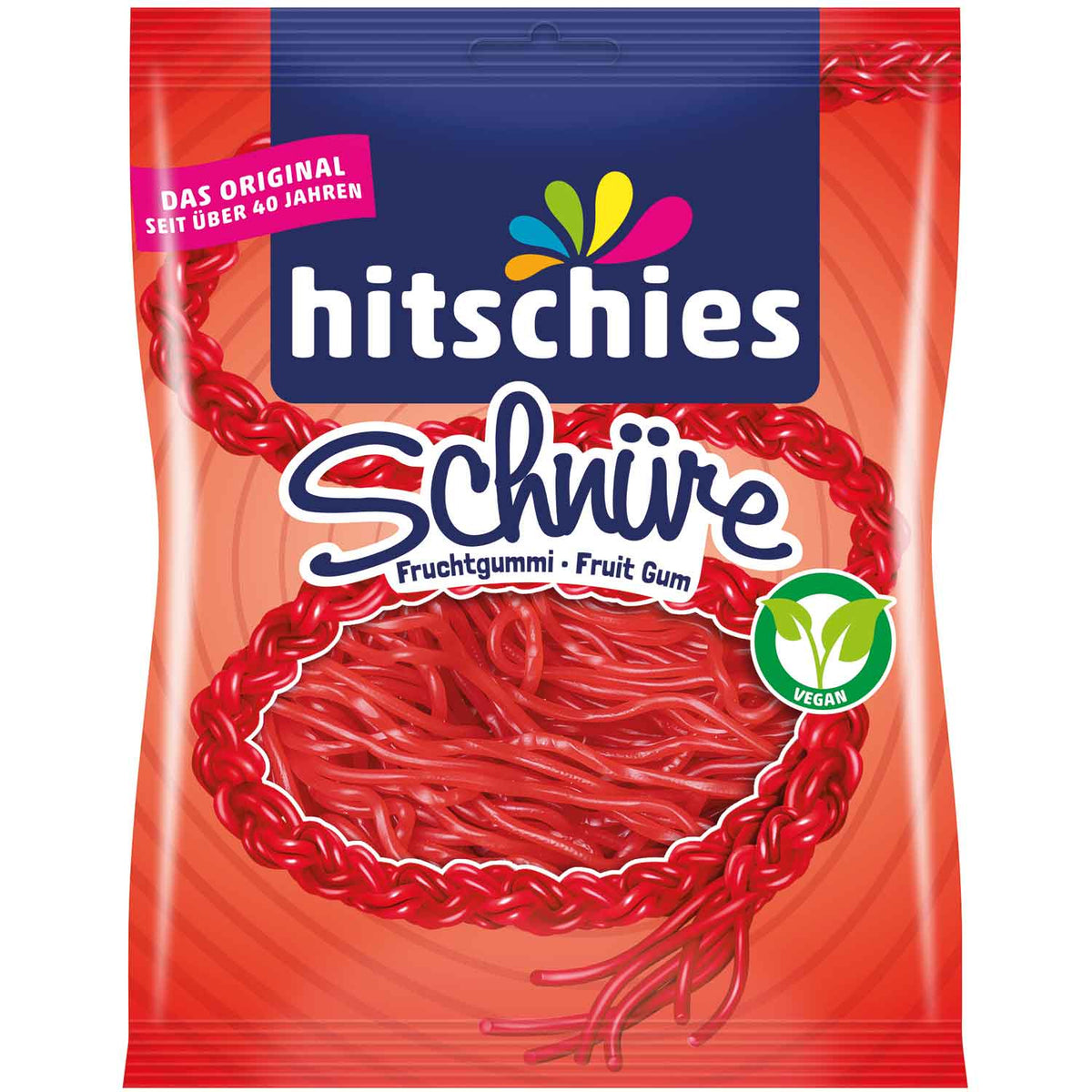 Hitschies Fruchtgummi Schnüre Erdbeerrot 125g vegane Süssware