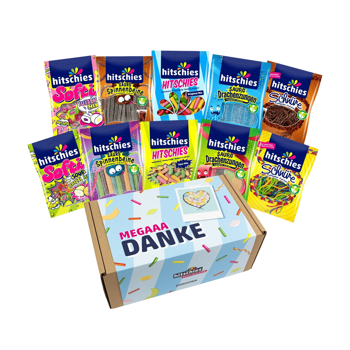 Hitschies Mega Danke Box Kaubonbon Mix 1080g – Fruchtgummi Geschenkbox – Detailansicht
