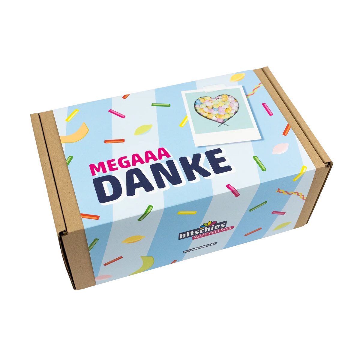 Hitschies Mega Danke Box Kaubonbon Mix 1080g – Fruchtgummi Geschenkbox – Anwendungsansicht