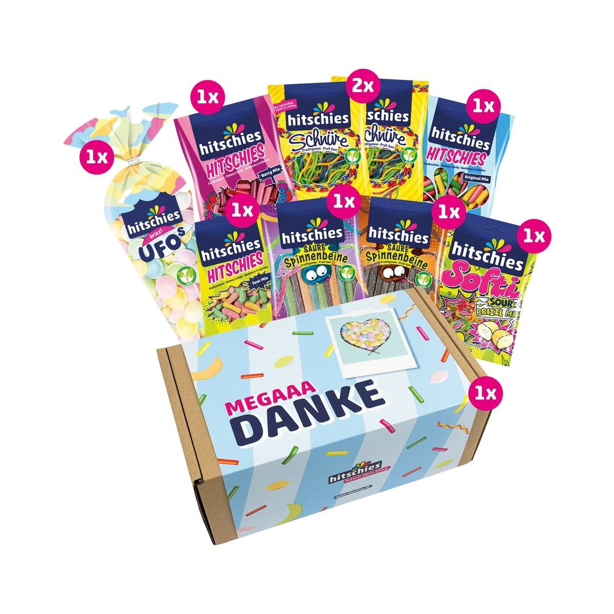 Hitschies Mega Danke Box Kaubonbon Mix 1080g – Fruchtgummi Geschenkbox – Produktansicht