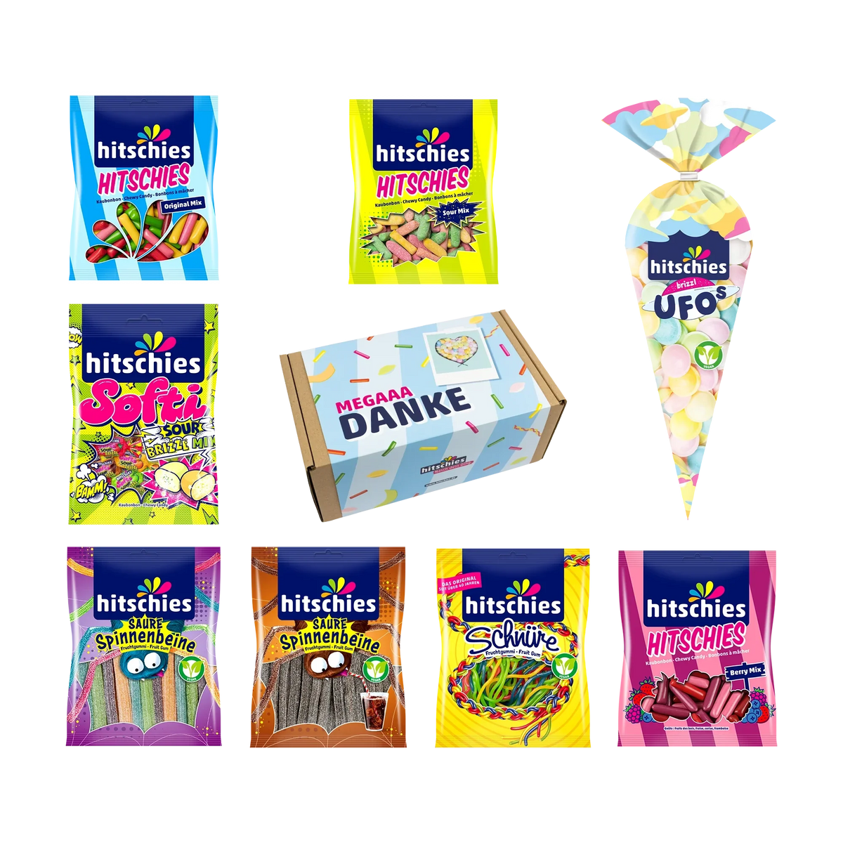 Hitschies Mega Danke Box Kaubonbon Mix 1080g – Fruchtgummi Geschenkbox – Verpackung