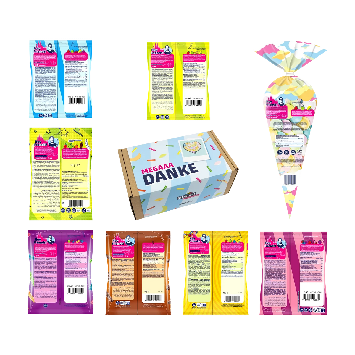 Hitschies Mega Danke Box Kaubonbon Mix 1080g – Fruchtgummi Geschenkbox – Rückansicht
