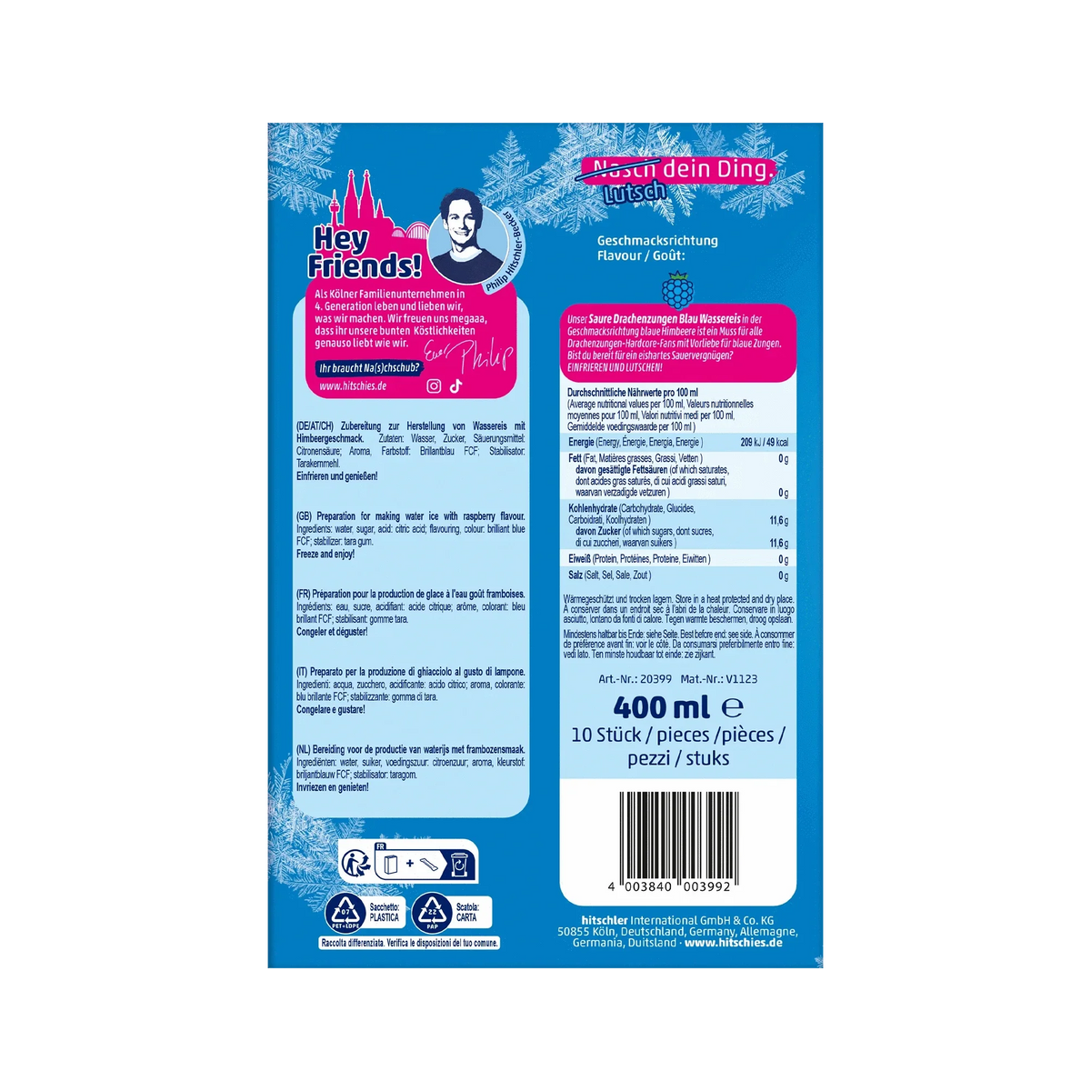 hitschies Saure Drachenzungen Blue Edition Wassereis 10x40ml Packung – Seitenansicht