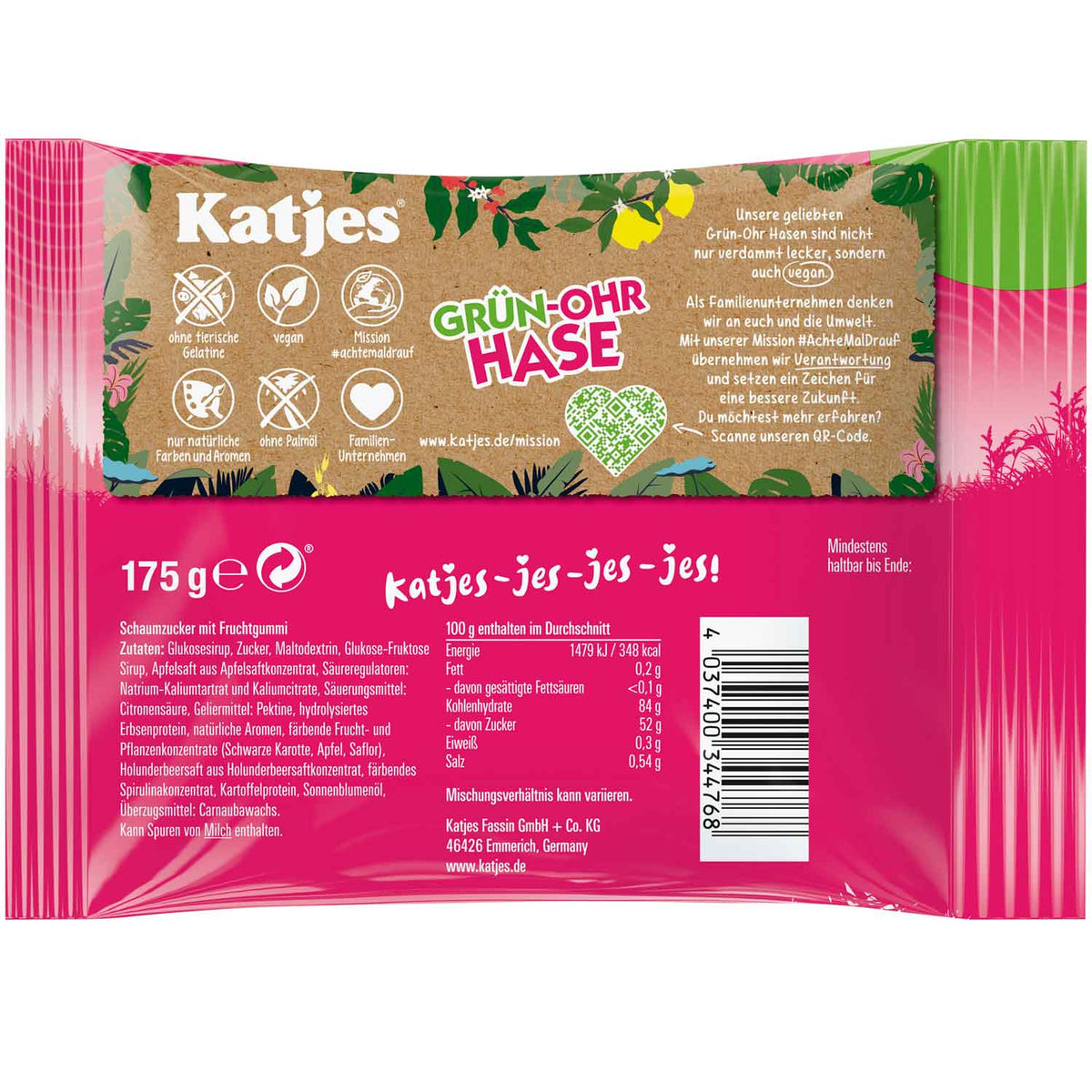 Katjes Grün-Ohr Hase veganes Fruchtgummi 175g – Seitenansicht