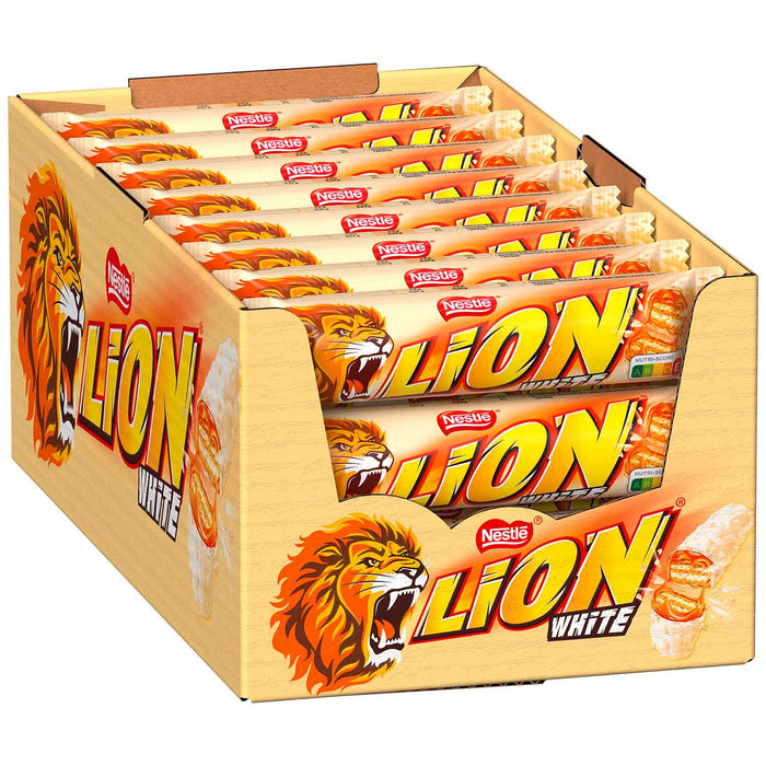 Lion White Weisse Schokolade Riegel 24 x 42g mit Karamell und Knusperwaffel – Produktansicht