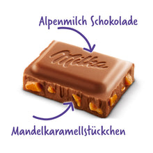 Milka Daim Alpenmilch Schokolade mit Mandel-Karamell-Stückchen – Detailansicht