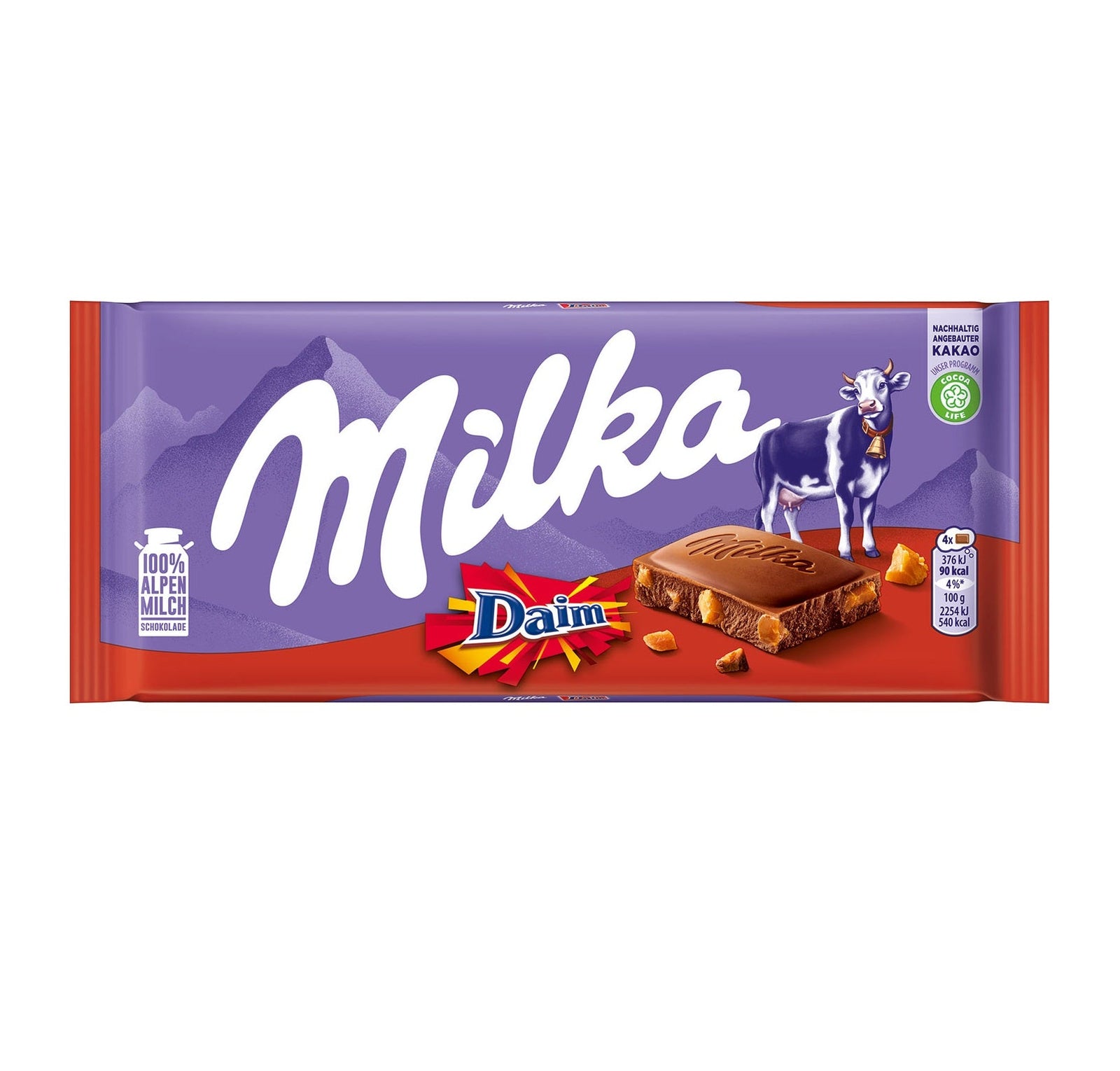 Milka Daim Alpenmilch Schokolade mit Mandel-Karamell-Stückchen – Produktansicht