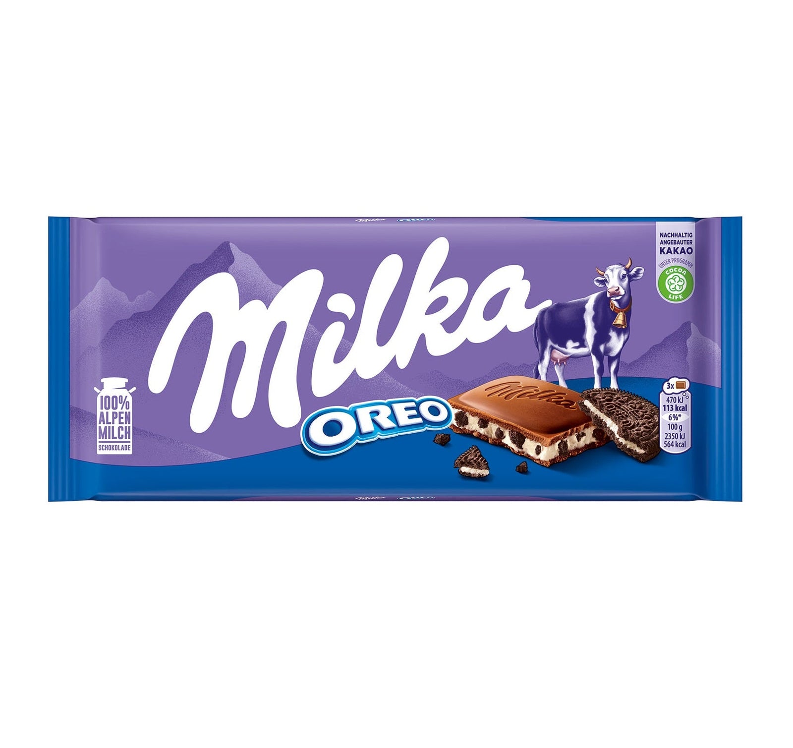 Milka Oreo Alpenmilch Schokolade 100g mit Kakaokeks-Stückchen – Produktansicht