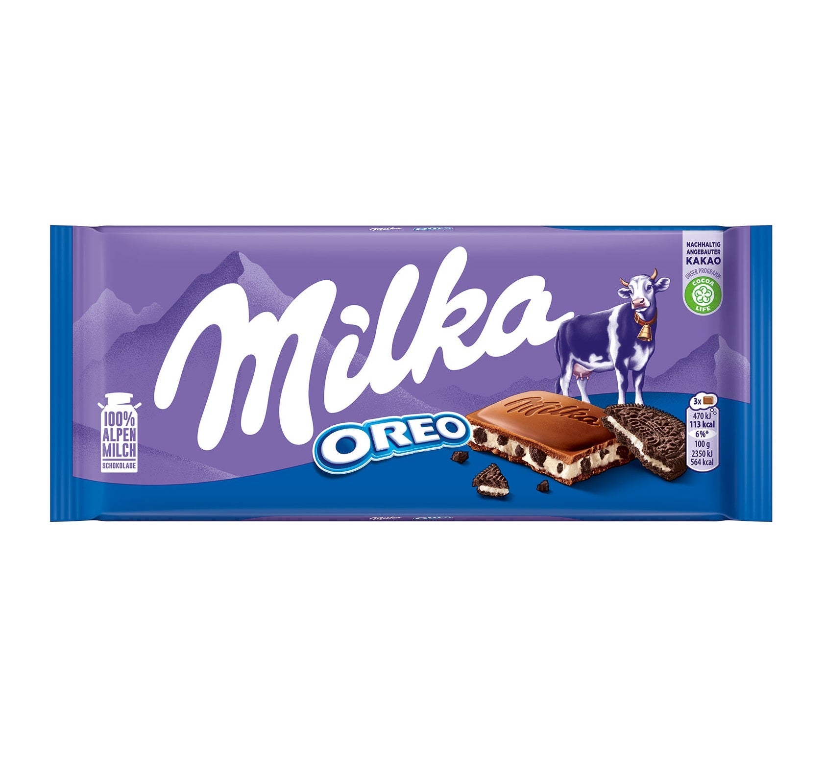 Milka Oreo Alpenmilch Schokolade 100g mit Kakaokeks-Stückchen – Produktansicht