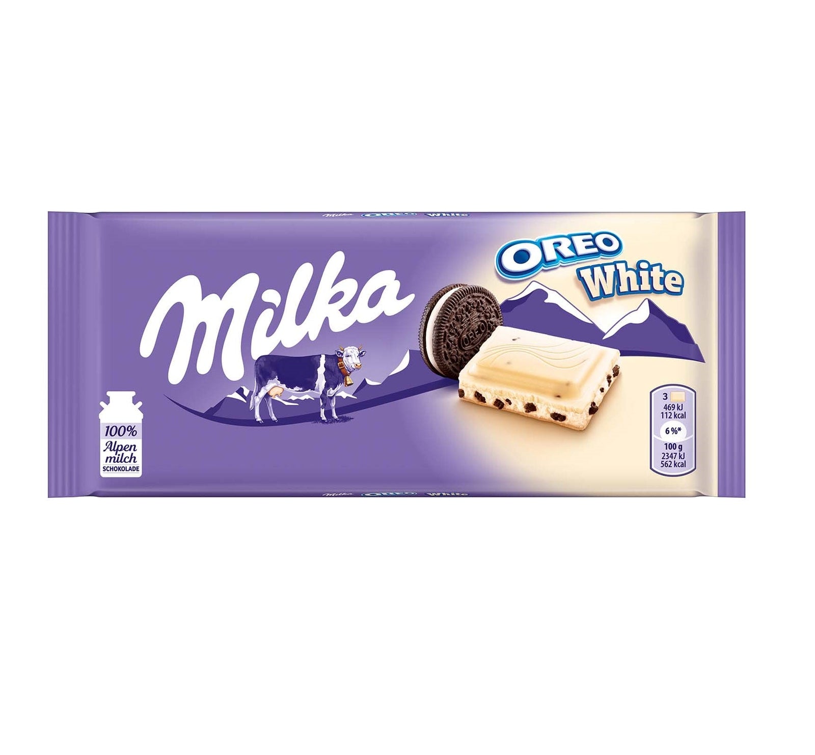 Milka Oreo White 100g weisse Schokolade mit Kakaokeksstückchen – Produktansicht